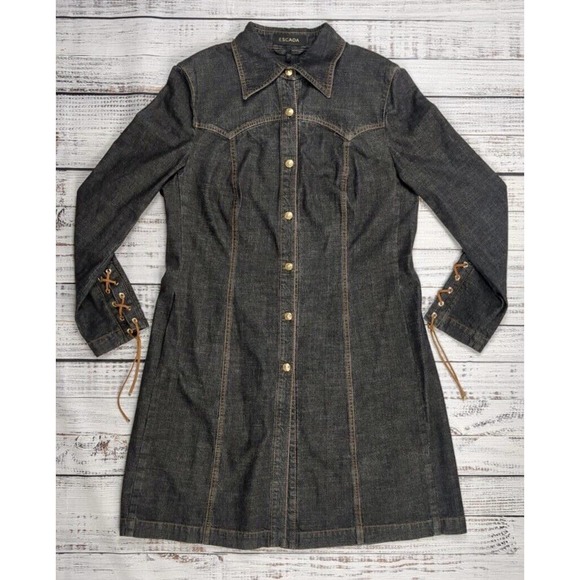 Escada Y2K Denim Suede Tassle Lace Up Back‎ Turquoise Button Detail Dress Sz 42 - Picture 1 of 5
